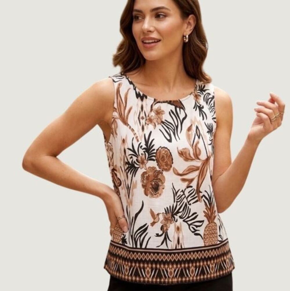NWT CeCe Cream Brown Linen Blend Tropical Pineapple Sleeveles Top Blouse Neutral
